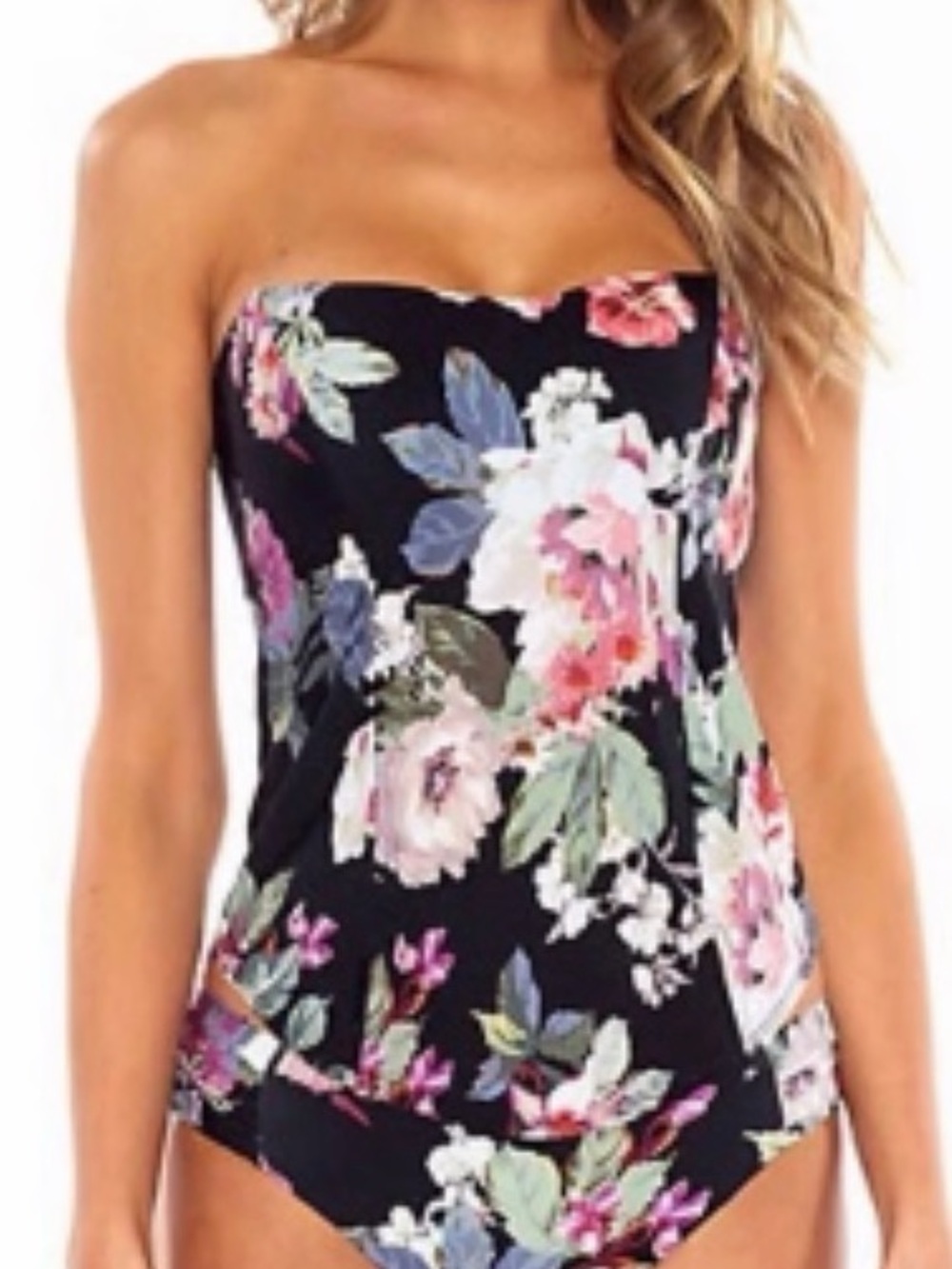BECCA by Rebecca VirtueFloral Tankini Swim Top in Black Resortwear Sz M
